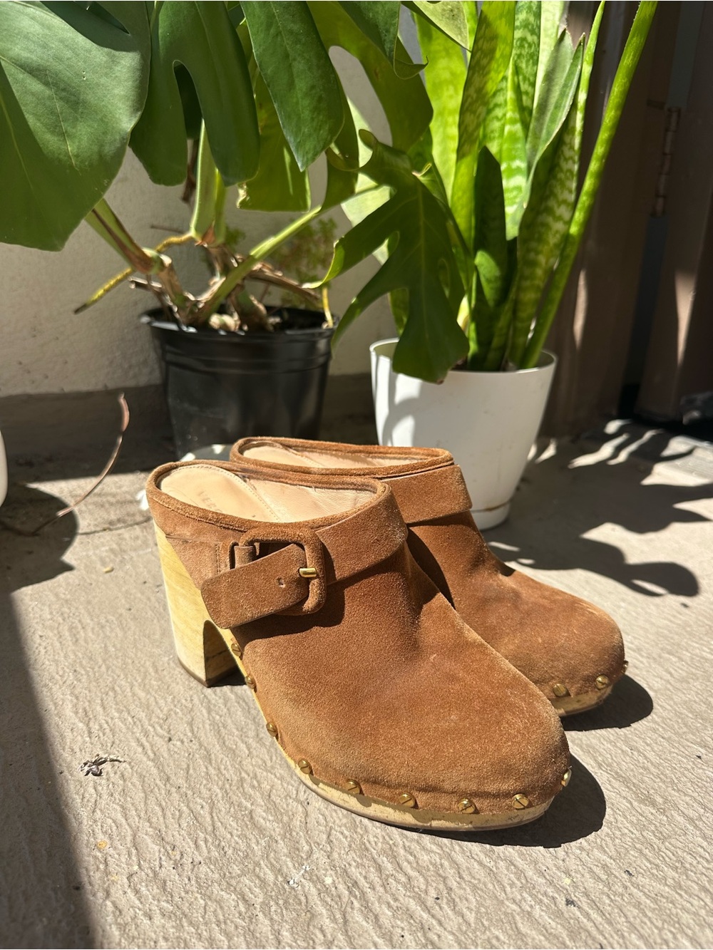 Veronica Beard Suede Tan Clog Mules with Buckle